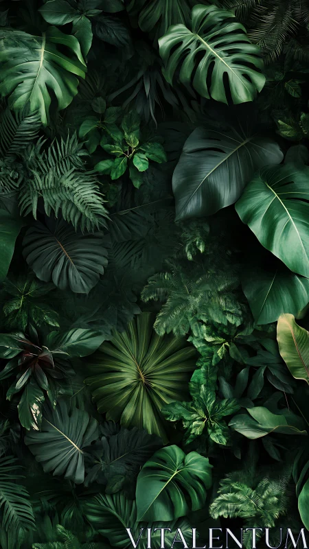Dense layered tropical foliage with varied green leaf forms.