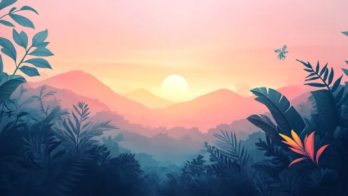 Jungle sunrise whispers over misty candy-colored hills.