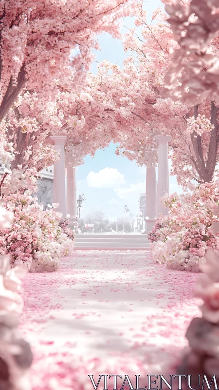 Dreamy cherry blossom walkway under softly glowing skies.