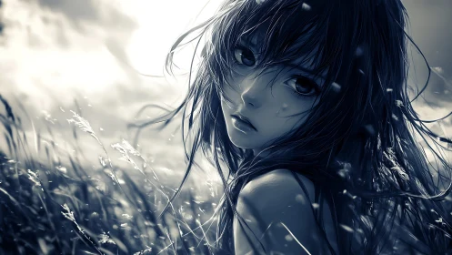 Monochrome anime portrait in wind-tossed grassland dusk.