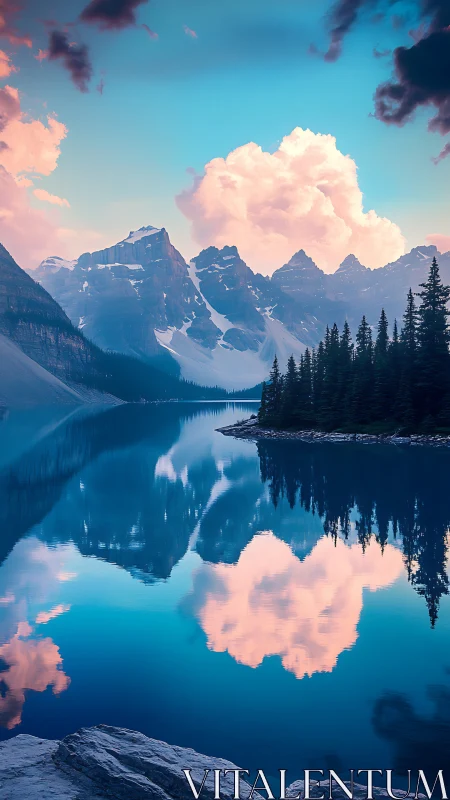 Mountain lake with cloud reflections at colorful sunset.
