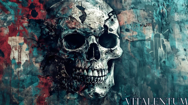 Weathered human skull amid grunge teal and crimson textures.