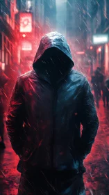 Hooded figure in rainlit cyberpunk alley at night.