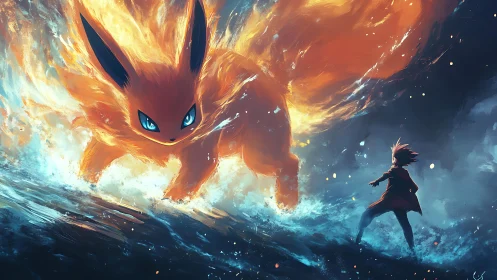 Fiery elemental fox confronts lone hero in roaring waves