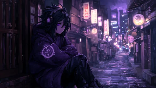 Solitary headphone listener in neon-lit rainy alley at night.