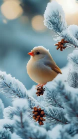 Soft winter songbird rests on frosted pine branches