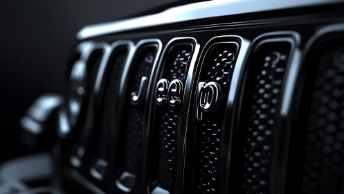 Chrome letters prowl across a shadowed Jeep night grille