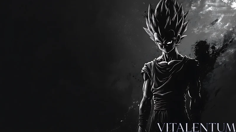 Dark monochrome anime warrior against textured background.