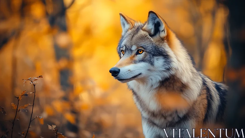 High-detail wolf portrait in shallow-depth autumn forest lighting