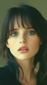 Soft-lit portrait of teal-eyed muse in quiet reverie.