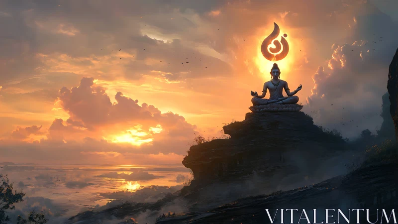 Sunset serenity with meditating figure on misty cliffs.