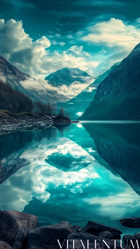 Symmetrical alpine fjord landscape reflects in cyan glacial lake