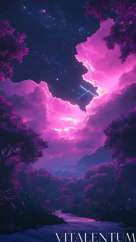 Nocturnal nebula storm over bioluminescent river valley.