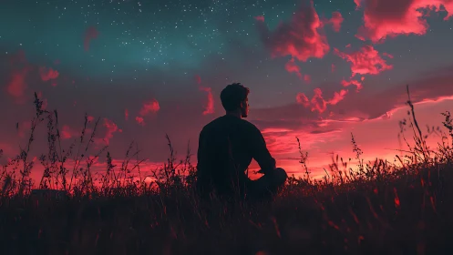 Silhouette of seated person under red clouds at dusk.