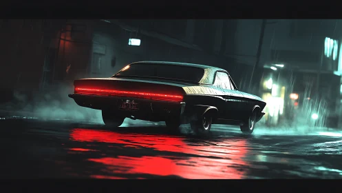 Muscle car taillights burn through wet neon night rain