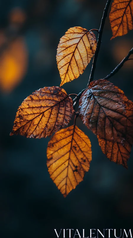 Ember-kissed autumn leaves glowing against midnight dusk.