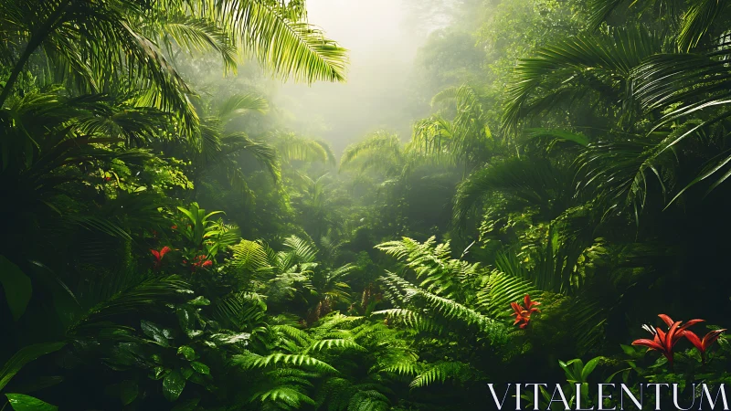 Tropical forest canopy with diffused sunlight and red flowering plants.