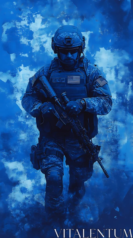 Tactical infantry operator in blue monochrome digital combat scene