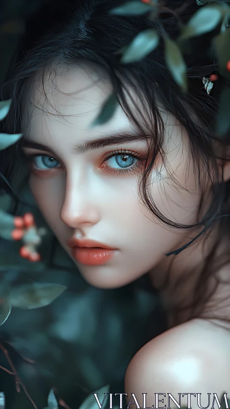 Blue-eyed woman portrait in soft focus foliage scene.