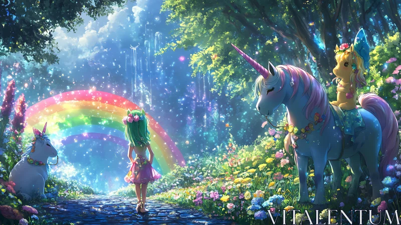 Fantasy forest path with unicorns, rainbow and children.