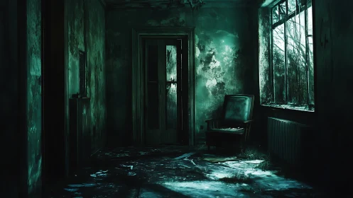 Moody abandoned room washed in eerie green twilight.