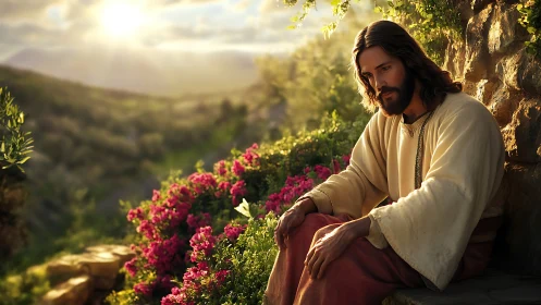 Religious figure seated outdoors amid flowers at sunset.