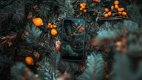 Smartphone rests amid evergreen branches and orange berries.