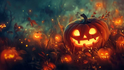 Glowing jack o lanterns in a misty autumn field at night.