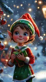 Christmas elf child holding gift in snowy night scene.