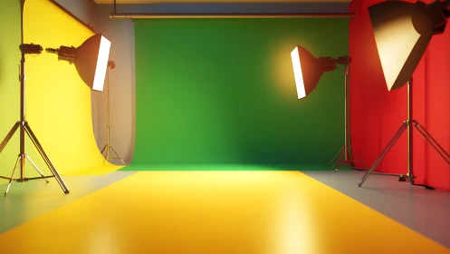 Studio background shows colored backdrops and softbox lighting