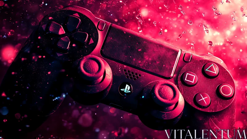 PlayStation controller closeup in vivid pink lighting.