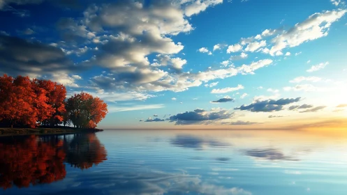 Autumn trees reflected on calm lake at low sunrise horizon.