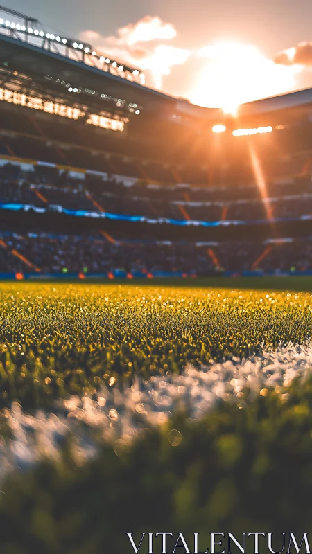 Glowing soccer pitch edge under dramatic sunset light.