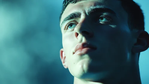 Cool blue resolve sharpens in this upward-looking portrait