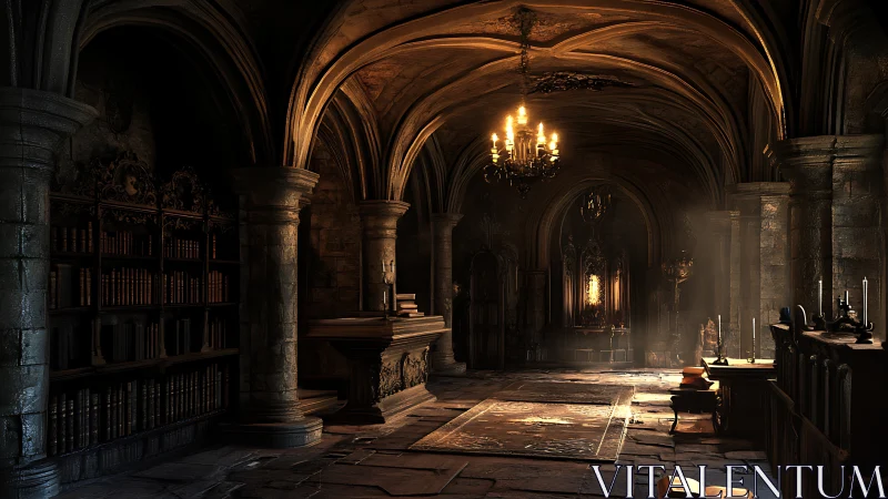 Candlelit gothic library hall where quiet spells gather dust.