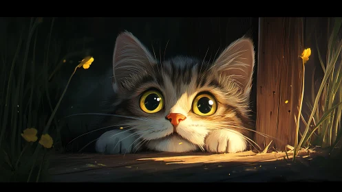 Tabby Cat with Golden Eyes Peers Through Evening Garden