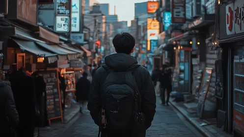Solo traveler walks narrow neon alley at dusk in city