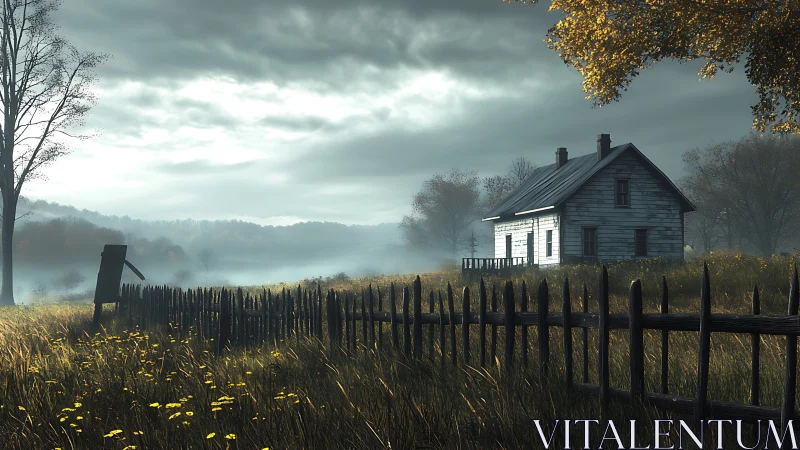 Rural wooden house stands behind fence in misty meadow