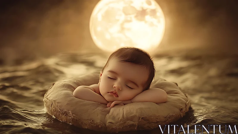 Sleeping infant positioned on rock with full moon backdrop