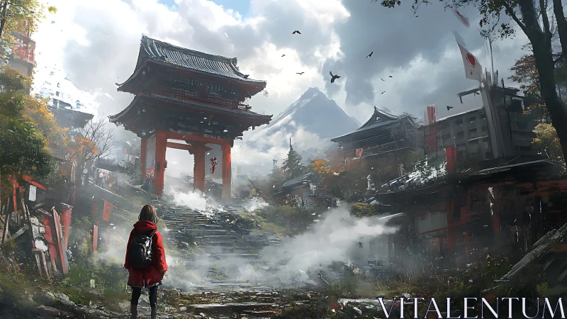 Red gate ruins before misty shrine and distant mountain.