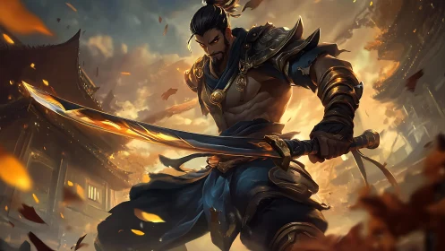 Armored swordsman in courtyard with glowing blade and leaves.