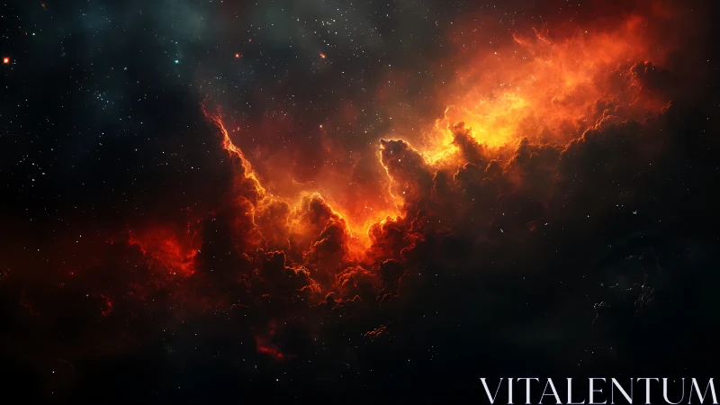 Digital rendering shows dense red-orange nebula against dark void