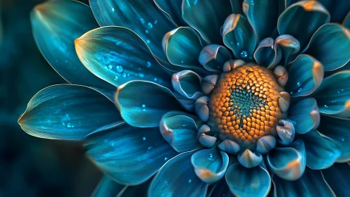 Radiant teal petals curl around a glowing golden flower heart