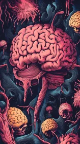 Neon cerebral garden of drifting brains in cosmic midnight.