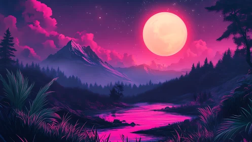 Moon-drenched river hums beneath neon-magenta mountain hush