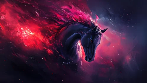 Fiery cosmic horse galloping through glowing stardust skies.