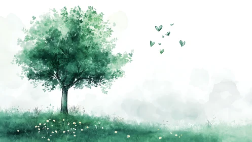 Solitary green tree stands over misty meadow with blossoms