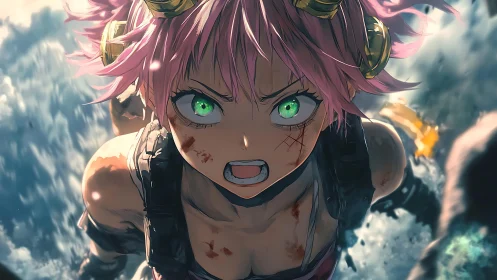 Battle-hardened anime girl charges forward through chaos.