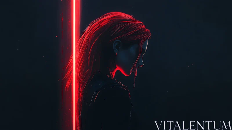 Red haired figure in profile lit by vertical neon bar