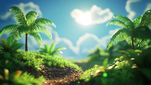 Tropical Landscape with Coconut Palms and Atmospheric Perspective.